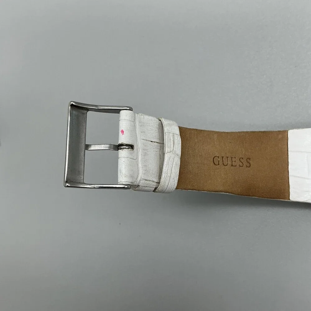 Guess U12519L2 Mens Watch 43mm Silver Tone Crystals Day Date Leather New Battery